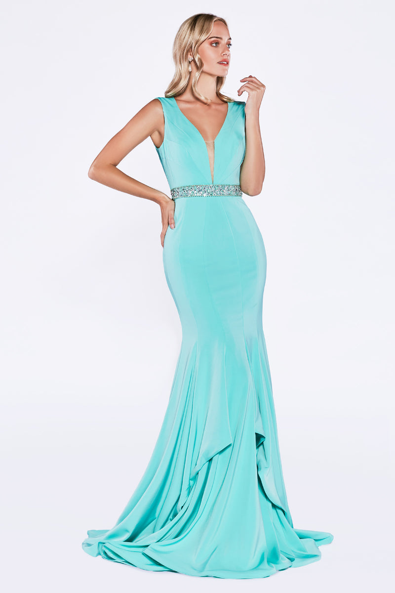 Fitted Mermaid Gown With Open Back And Beaded Belt by Cinderella Divine -P107