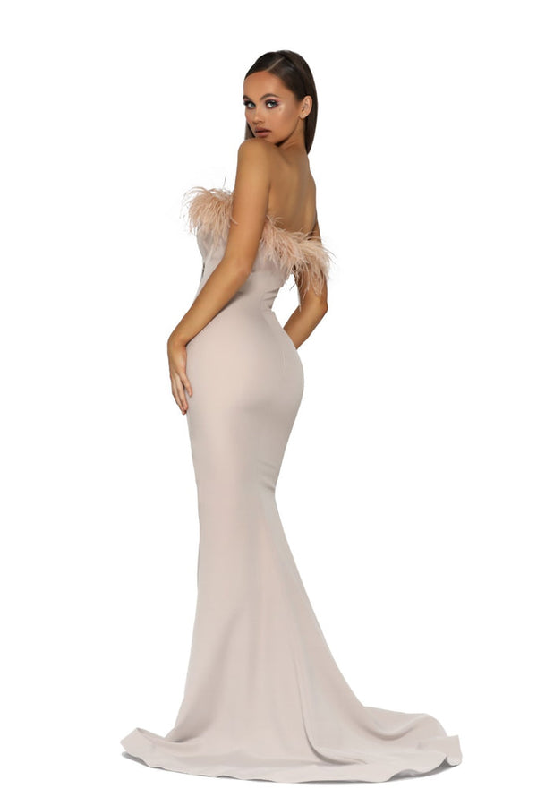 Clearance Sale - Feather Trimmed Long Dress With Slit By Portia And Scarlett -PS2026