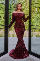 Off Shoulder Long Sleeve Sequin Gown By Portia and Scarlett -PS21032