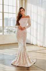Off Shoulder Long Sleeve Sequin Gown By Portia and Scarlett -PS21032