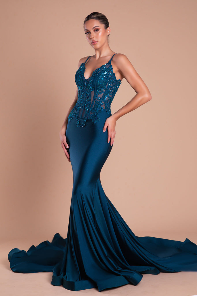 Lace Appliqued Bodice Mermaid Gown By Portia And Scarlett -PS21175