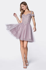 MyFashion.com - Short cocktail dress with off the shoulder lace detail and glitter tulle skirt.(CD0132) - Cinderella Divine promdress eveningdress fashion partydress weddingdress 
 gown homecoming promgown weddinggown 