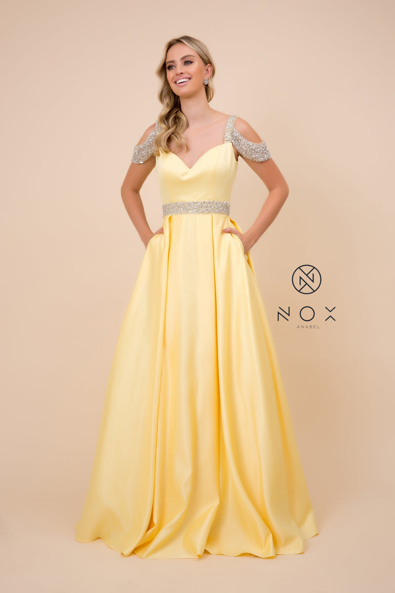 MyFashion.com - FULL LENGTH A-LINE BALL GOWN WITH OFF SHOULDER CAP SLEEVE (R224) - Nox Anabel promdress eveningdress fashion partydress weddingdress 
 gown homecoming promgown weddinggown 