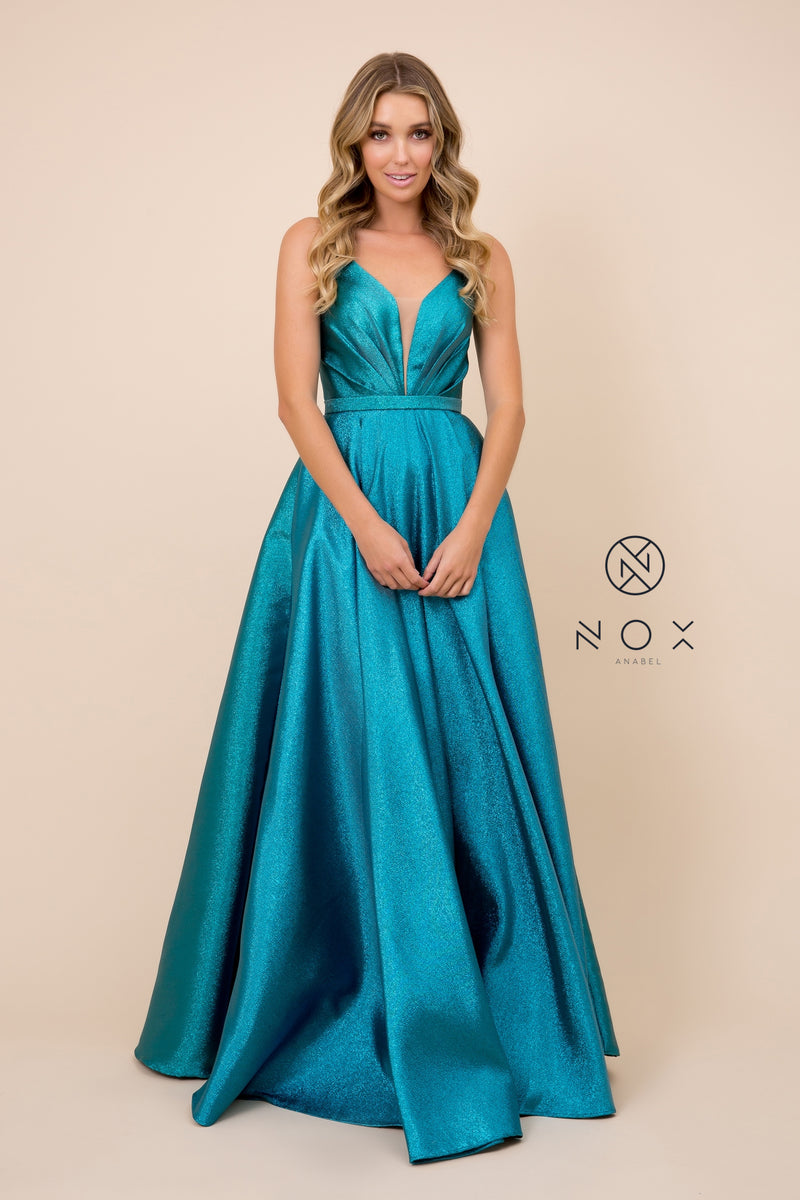 MyFashion.com - A-LINE PLUNGING NECK FLOOR LENGTH PEACOCK LIGHT BLUE GOWN (R347) - Nox Anabel promdress eveningdress fashion partydress weddingdress 
 gown homecoming promgown weddinggown 