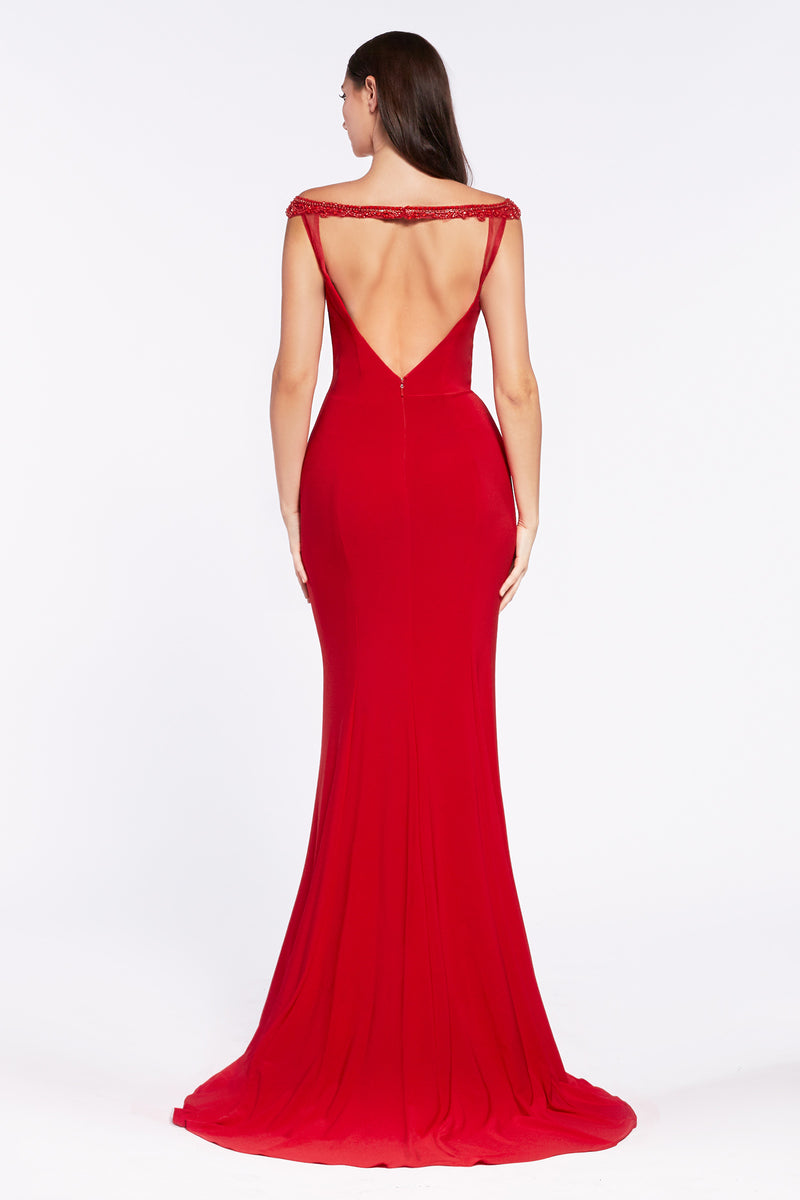 Off The Shoulder Gown With Beaded Neckline Trim And Keyhole Open Back by Cinderella Divine -RV712