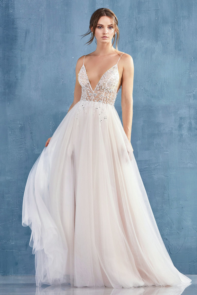 MyFashion.com - V-NECK ETHEREAL FLORAL BEADED TULLE A-LINE WITH LEG SLIT(A0672) - Andrea&Leo promdress eveningdress fashion partydress weddingdress 
 gown homecoming promgown weddinggown 