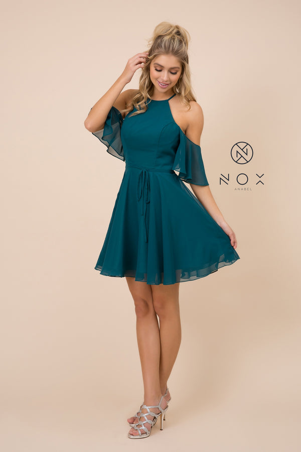 MyFashion.com - PARTY COCKTAIL COLD SHOULDER SHORT CHIFFON DRESS T667 BY NOX ANABEL. (T667) - Nox Anabel promdress eveningdress fashion partydress weddingdress 
 gown homecoming promgown weddinggown 