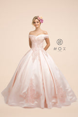 MyFashion.com - OFF SHOULDER BLUSH BALL GOWN WITH EMBROIDERED CAP SLEEVES (U802) - Nox Anabel promdress eveningdress fashion partydress weddingdress 
 gown homecoming promgown weddinggown 