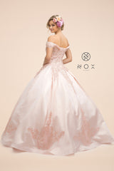 MyFashion.com - OFF SHOULDER BLUSH BALL GOWN WITH EMBROIDERED CAP SLEEVES (U802) - Nox Anabel promdress eveningdress fashion partydress weddingdress 
 gown homecoming promgown weddinggown 