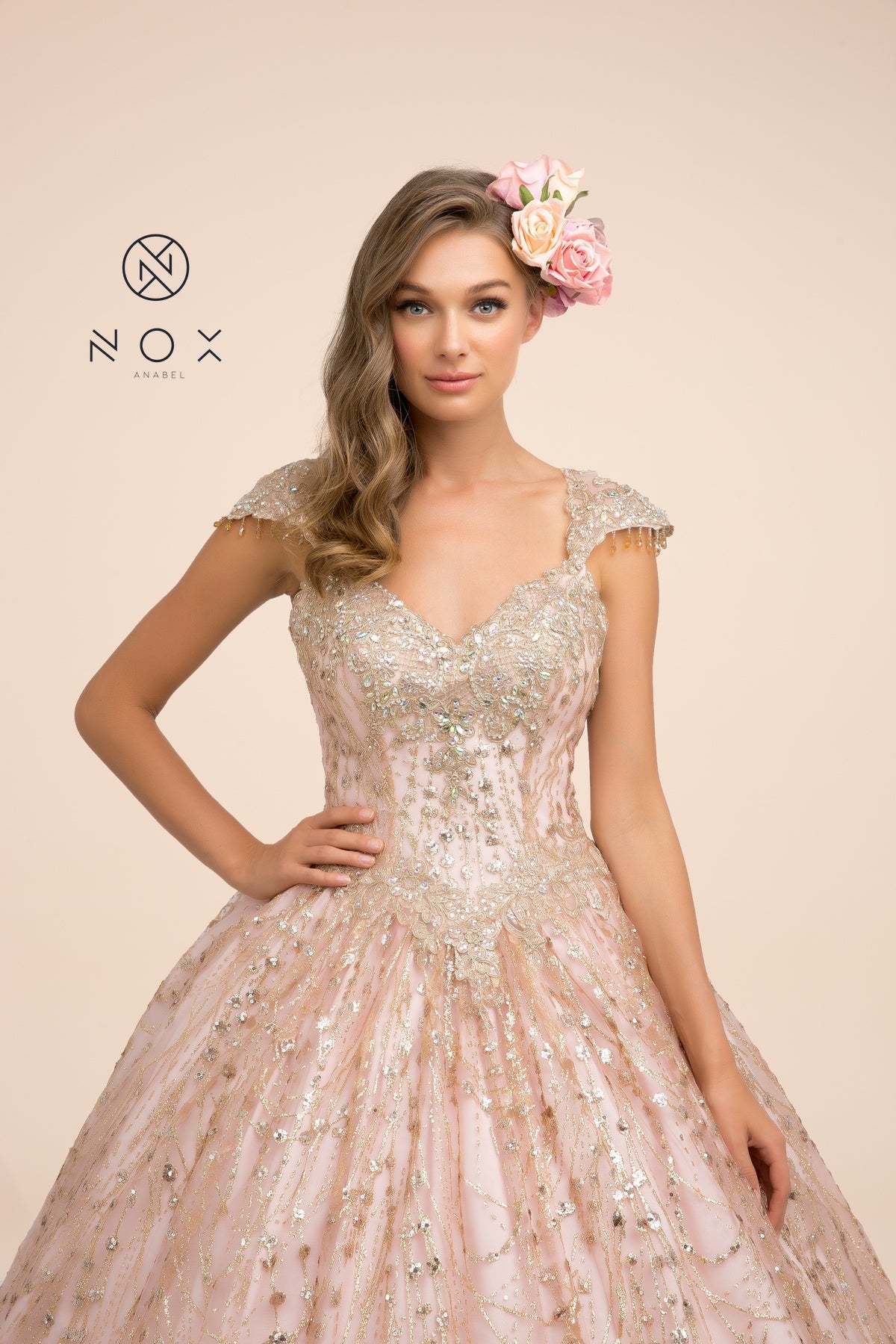 MyFashion.com - GLITTERY ROSE GOLD BALL GOWN WITH CAP SLEEVES (U803) - Nox Anabel promdress eveningdress fashion partydress weddingdress 
 gown homecoming promgown weddinggown 