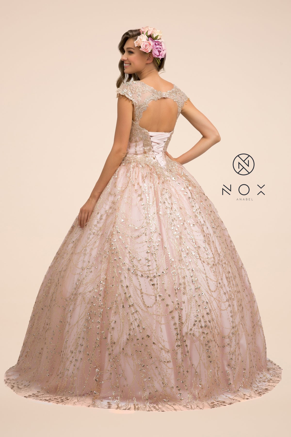 MyFashion.com - GLITTERY ROSE GOLD BALL GOWN WITH CAP SLEEVES (U803) - Nox Anabel promdress eveningdress fashion partydress weddingdress 
 gown homecoming promgown weddinggown 