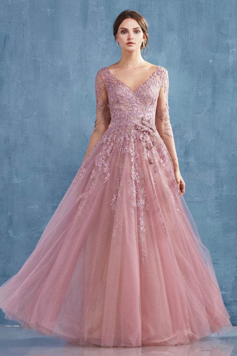 MyFashion.com - LONG SLEEVE CHERRY BLOSSOM TULLE A-LINE GOWN. BACK ZIPPER CLOSURE.(A0988) - Andrea&Leo promdress eveningdress fashion partydress weddingdress 
 gown homecoming promgown weddinggown 