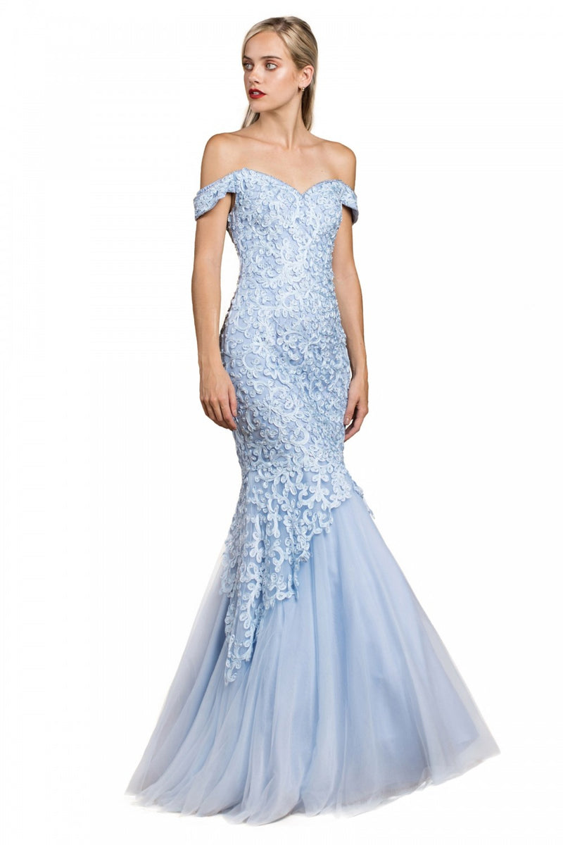 Off The Shoulder Mermaid Gown With Lace Overlay And Tulle Skirt by Cinderella Divine -A0401