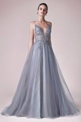 V-Neck Ethereal Floral Beaded Tulle A-Line With Leg Slit by Andrea and Leo -A0672