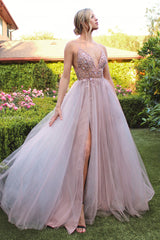 V-Neck Ethereal Floral Beaded Tulle A-Line With Leg Slit by Andrea and Leo -A0672