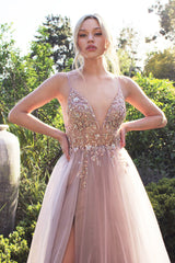 V-Neck Ethereal Floral Beaded Tulle A-Line With Leg Slit by Andrea and Leo -A0672