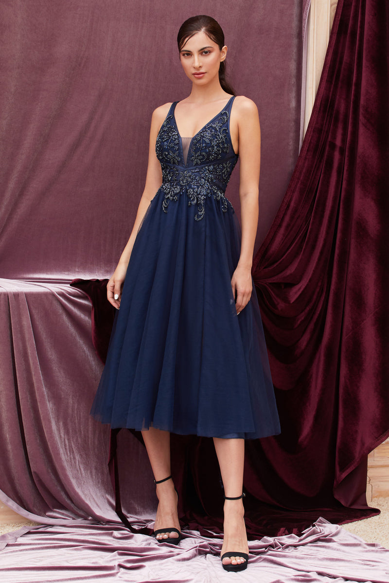 Beaded Plunging V Neck Tea Length Dress By Andrea And Leo -A0762S