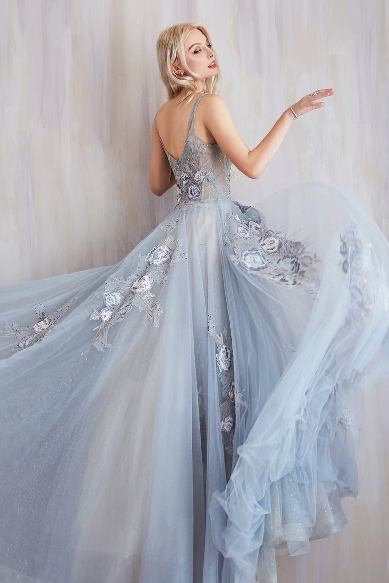 A Dramatic V-Neck Tulle Ballgown With Beaded Lace Details by Andrea and Leo -A0893