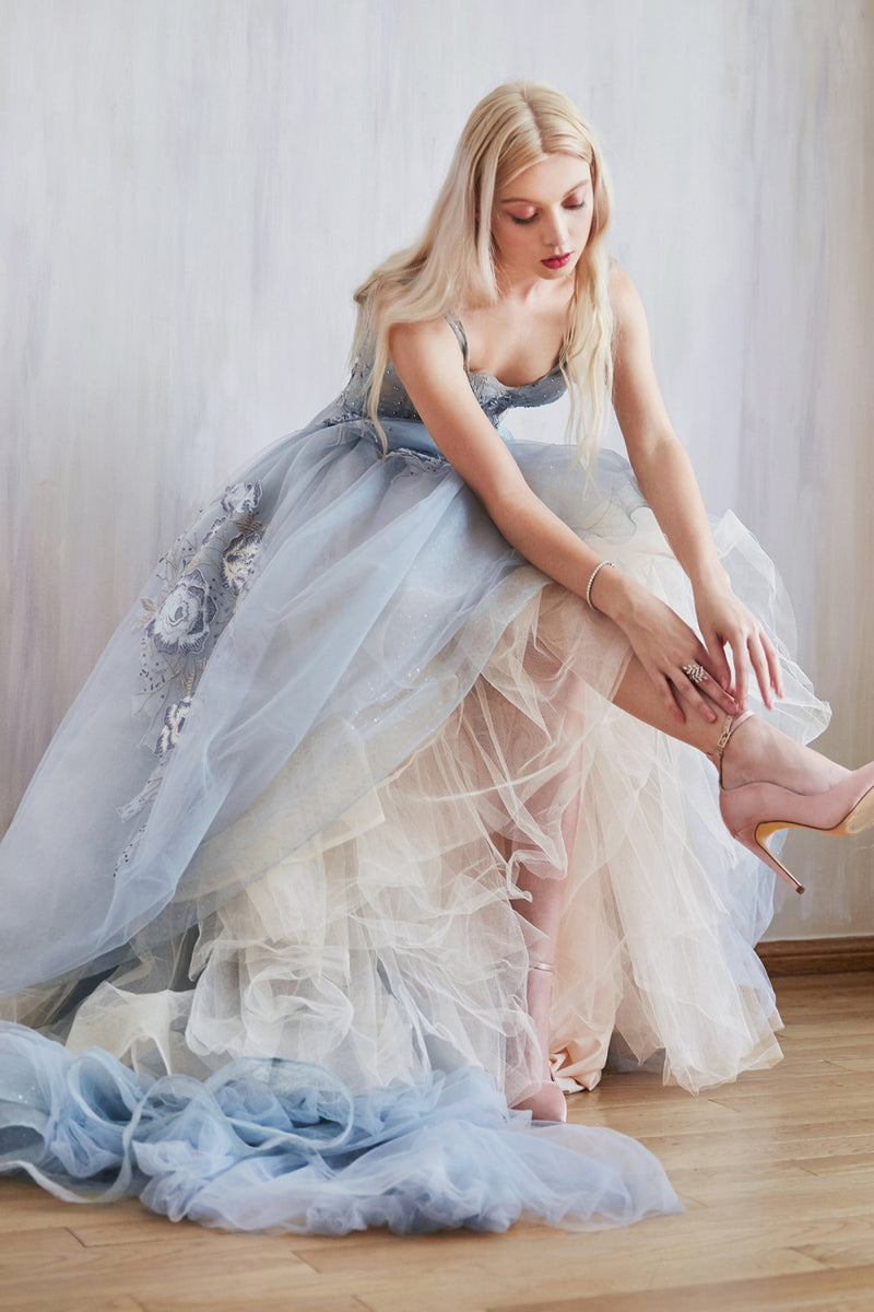 A Dramatic V-Neck Tulle Ballgown With Beaded Lace Details by Andrea and Leo -A0893