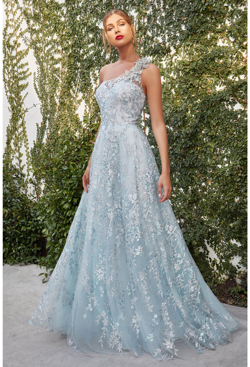 One Shoulder Cherry Blossom A-Line Gown. Back Zipper Closure. by Andrea and Leo -A0989