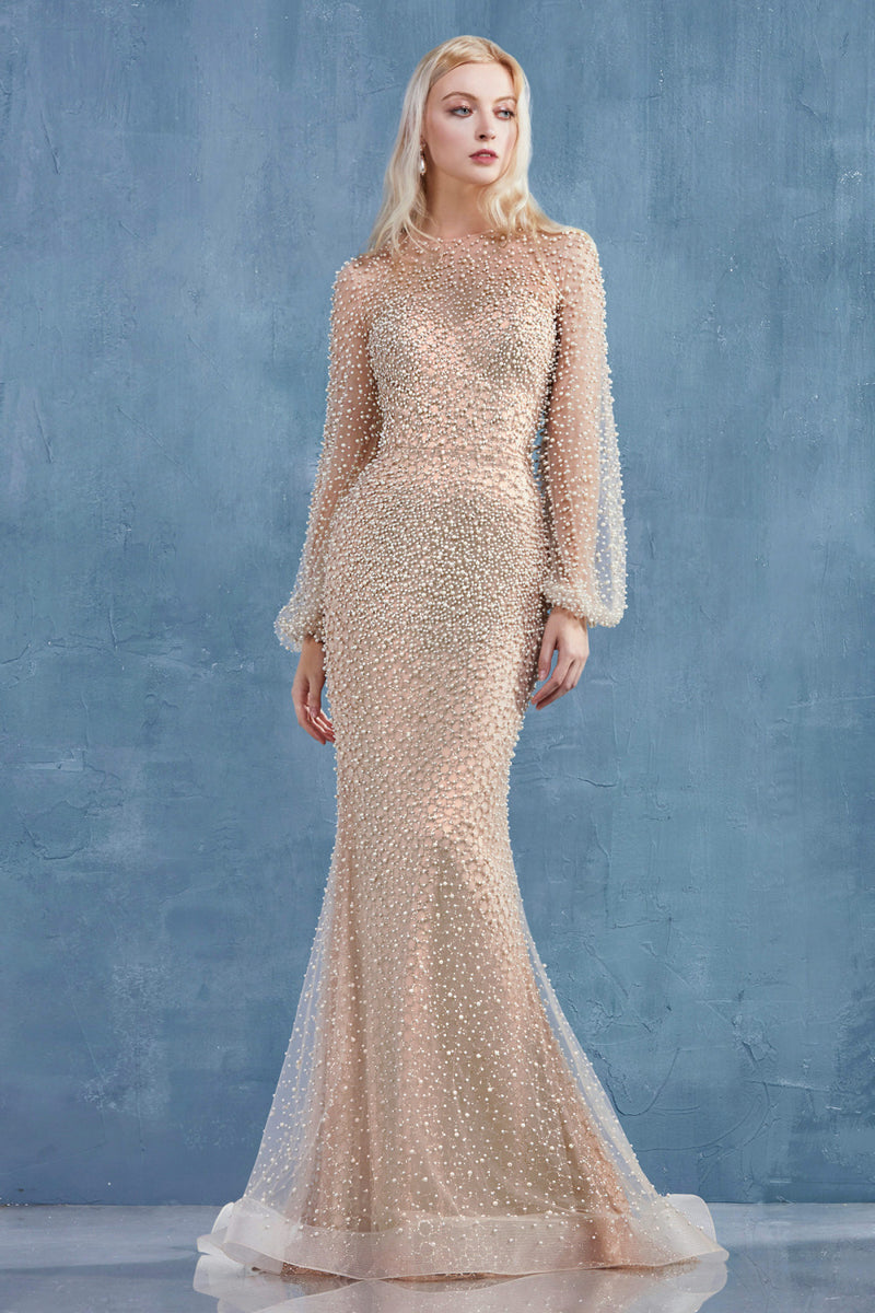 Pearl Studded Sheer Sleeve Trumpet Gown By Andrea And Leo -A0997W