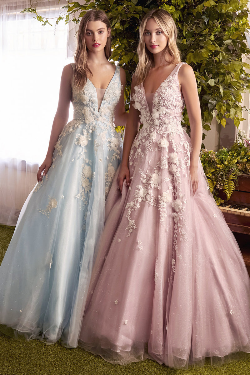 Floral Applique Long Sleeveless Dress With A-Line Skirt By Andrea And Leo -A1028