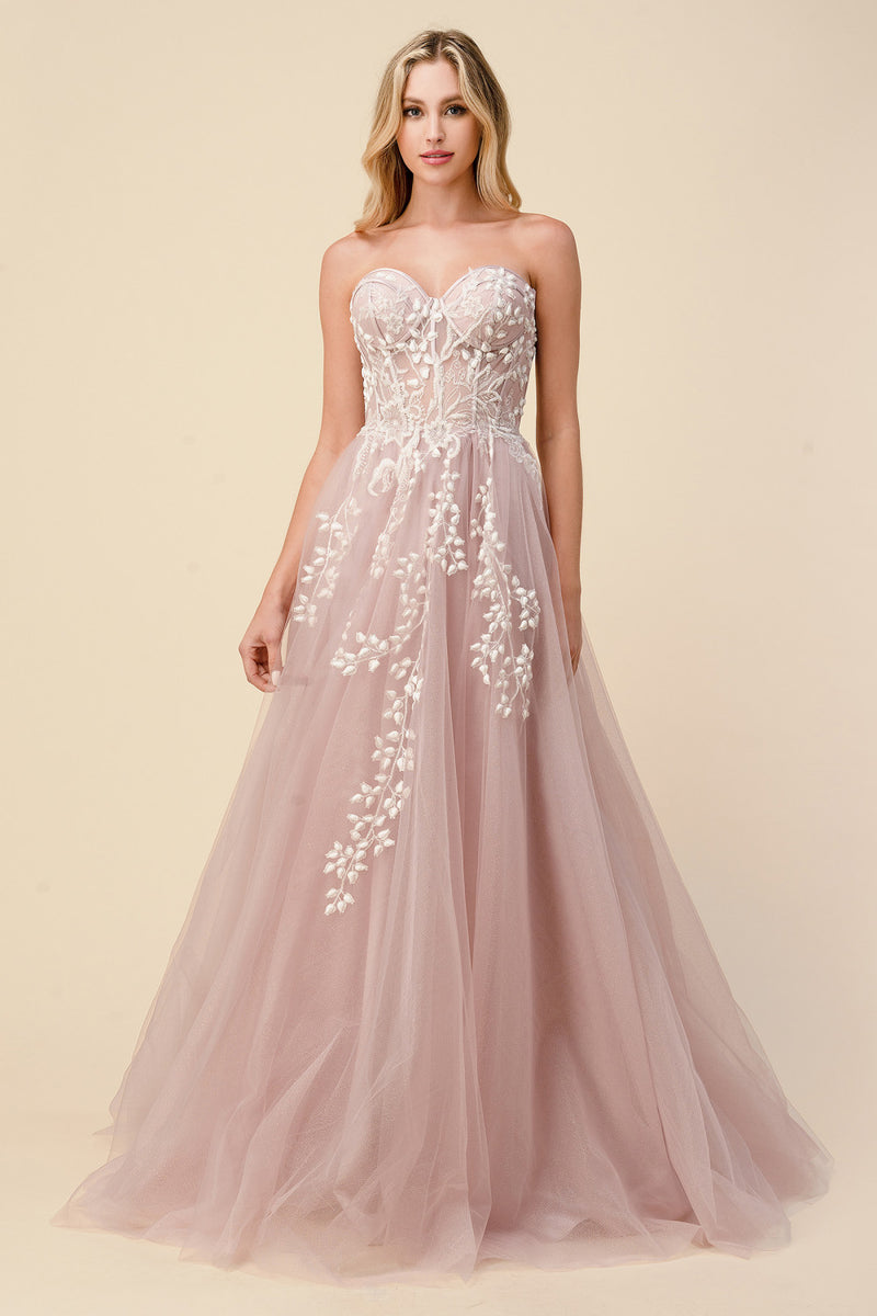Corset Strapless Floral Applique A-Line Gown by Andrea and Leo -A1029