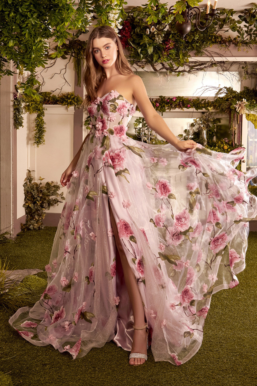 Strapless Organza Ball Gown With Floral Print by Andrea and Leo -A1035