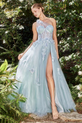 Floral Embroidered Long One Shoulder Dress With A-Line Slit Skirt By Andrea and Leo -A1053