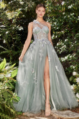 Floral Embroidered Long One Shoulder Dress With A-Line Slit Skirt By Andrea and Leo -A1053