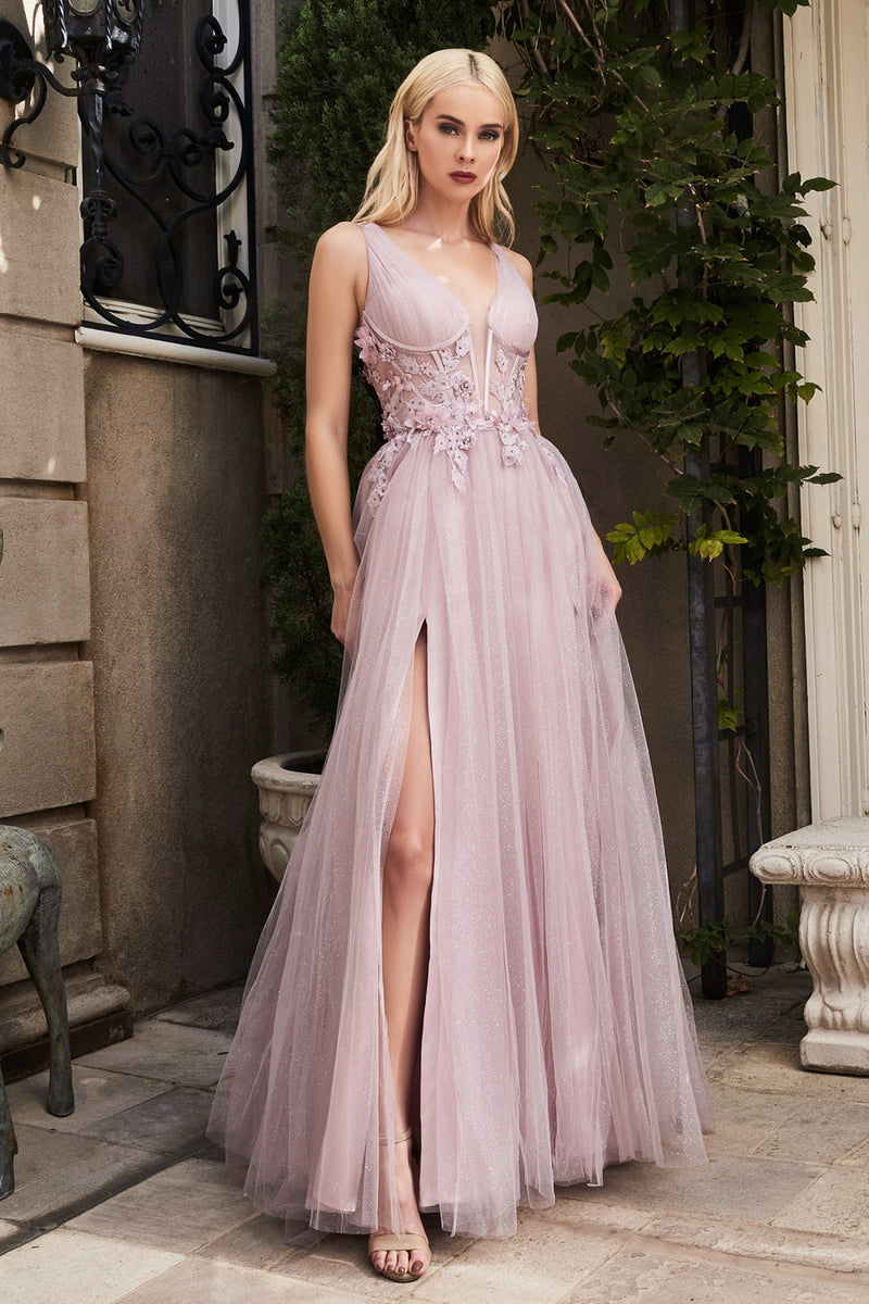 Sleeveless satin and net knit bodice with long tulle skirt with
