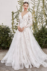 3D Floral White Long Sleeve Dress With A-Line Skirt By Andrea And Leo -A1067W