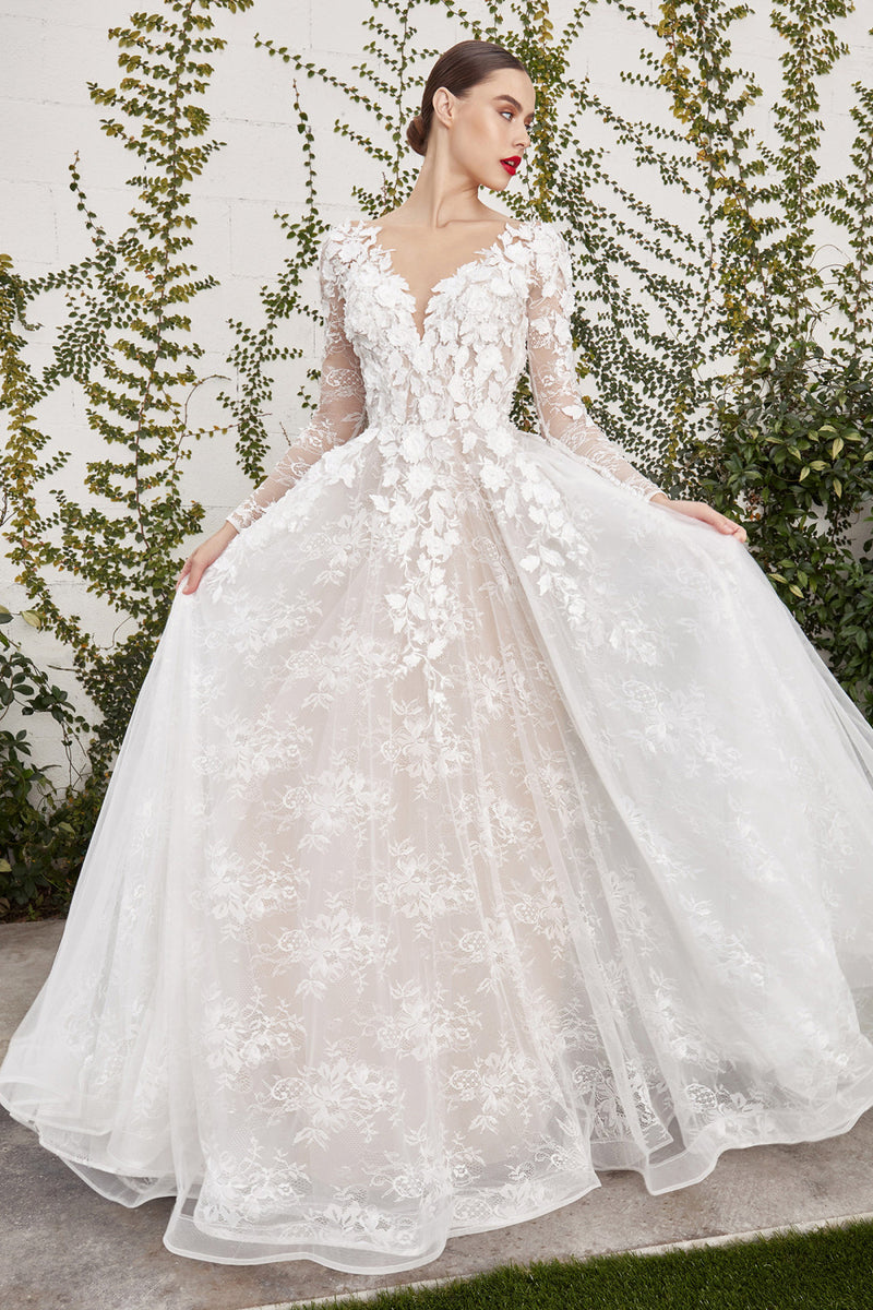 3D Floral White Long Sleeve Dress With A-Line Skirt By Andrea And Leo -A1067W