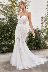 White Long Feathered Corset Style Dress With Fitted Skirt By Andrea And Leo -A1068W