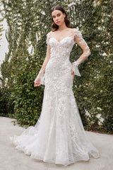 Floral Embroidered White Long Sleeve Lace Dress With Fitted Skirt By Andrea And Leo -A1073W