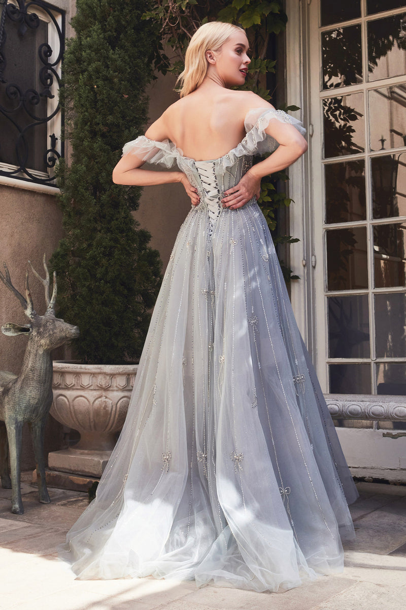 Embellished Long Off The Shoulder Dress With A-Line Tulle Skirt By Andrea And Leo -A1092