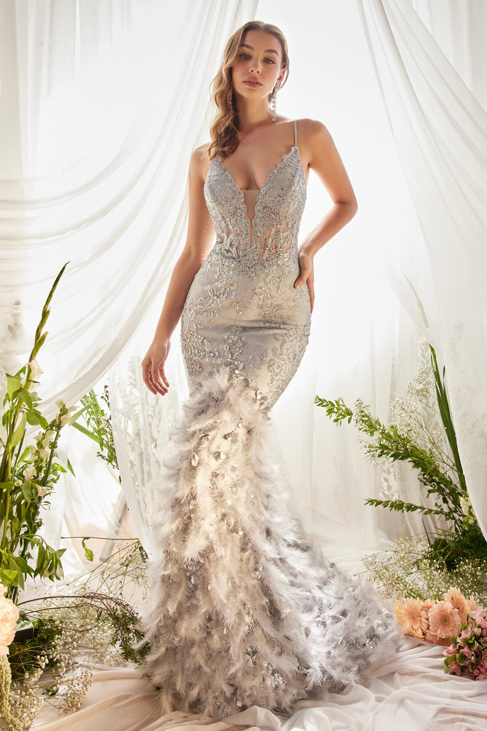 mermaid dress with feathers Feather Gown By Andrea And Leo -A1116 quality support Swatch:#bbc5c7 Skirt/Dress length type:REGULAR - 5'3