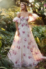 Strapless Organza Peony Print Ball Gown By Andrea And Leo -A1133