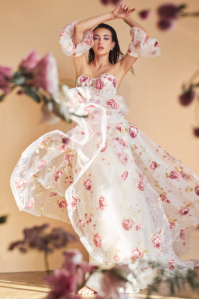 Strapless Organza Peony Print Ball Gown By Andrea And Leo -A1133