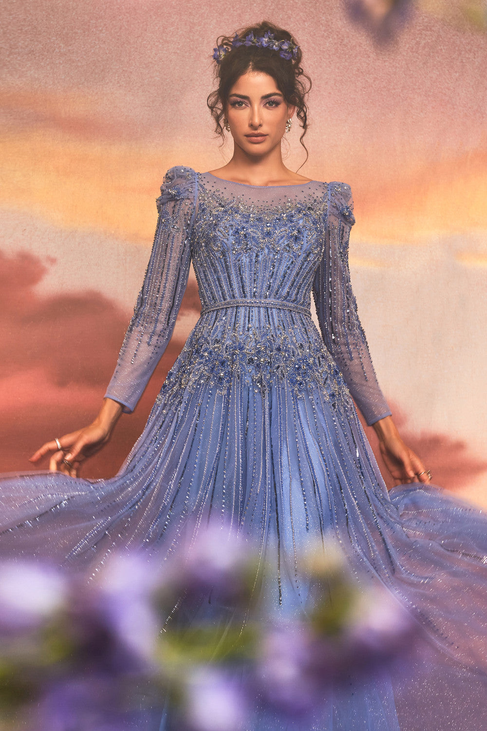 Azurite Beaded Long Sleeve A-Line Gown By Andrea And Leo -A1167