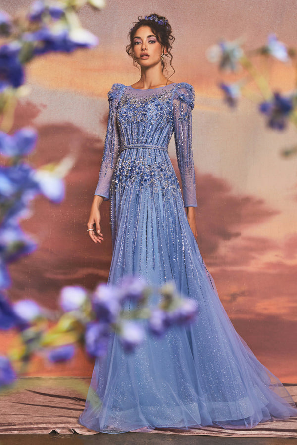 Azurite Beaded Long Sleeve A-Line Gown By Andrea And Leo -A1167