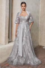 Shimmer Leaf Motif Ball Gown With Matching Shawl By Andrea And Leo -A1174