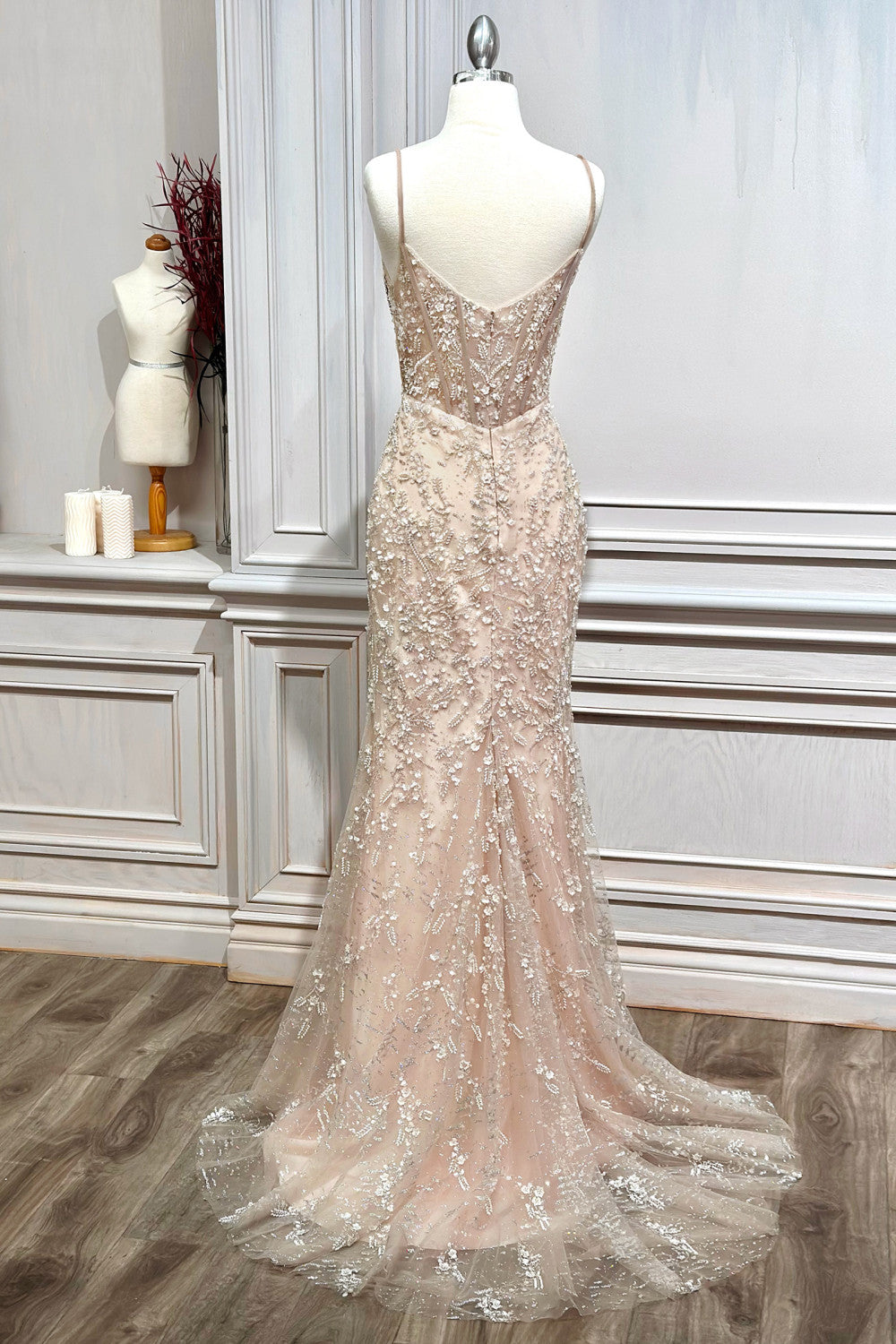 Fitted Embellished Nude Gown By Andrea And Leo -A1186