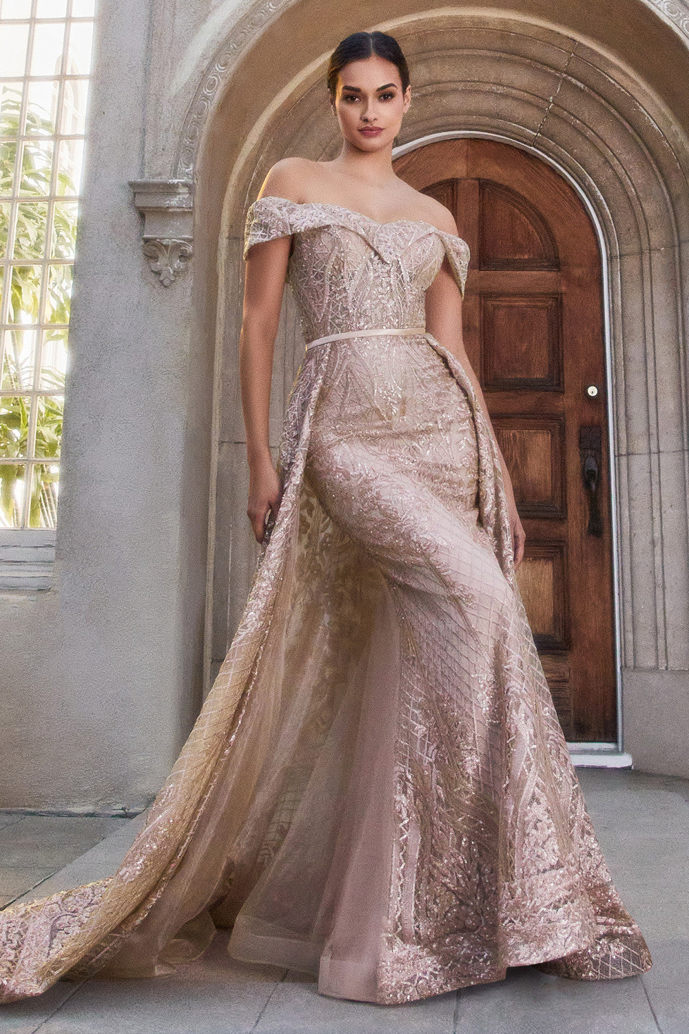 Sequin Lace Off The Shoulder Gown With Overskirt By Andrea And Leo -A1200