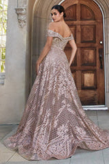 Sequin Lace Off The Shoulder Gown With Overskirt By Andrea And Leo -A1200