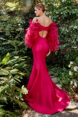 Novelty Mikado Mermaid Gown With Feather Sleeves By Andrea And Leo -A1208