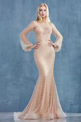 MyFashion.com - FULLY PEARLED LONG SLEEVE FIT AND FLARE WITH GATHERED SLEEVES PLEASE NOTE ALL COLORS WILL COME WITH AN DETACHABLE BELT(A0997) - Andrea&Leo promdress eveningdress fashion partydress weddingdress 
 gown homecoming promgown weddinggown 