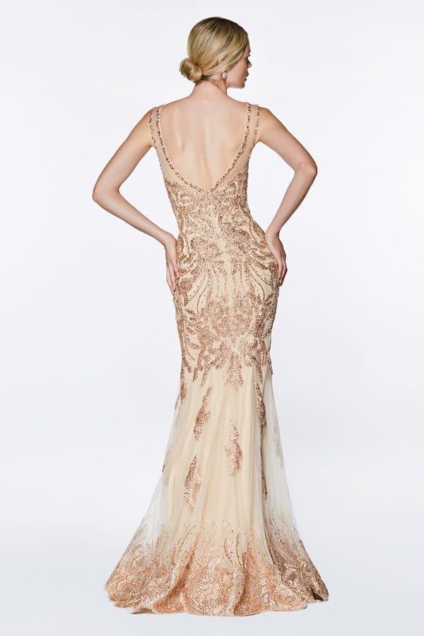 Fitted Embellished Lace Gown With Illusion Beaded Straps, V-Neckline And Open Back by Cinderella Divine -AM186