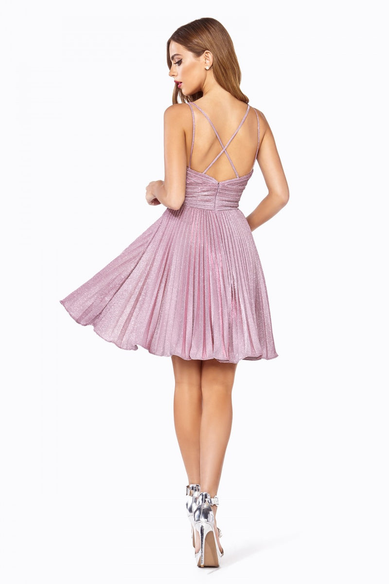 MyFashion.com - A-line short dress with pleated glitter fabric details and criss cross back.(AM391) - Cinderella Divine promdress eveningdress fashion partydress weddingdress 
 gown homecoming promgown weddinggown 