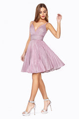MyFashion.com - A-line short dress with pleated glitter fabric details and criss cross back.(AM391) - Cinderella Divine promdress eveningdress fashion partydress weddingdress 
 gown homecoming promgown weddinggown 